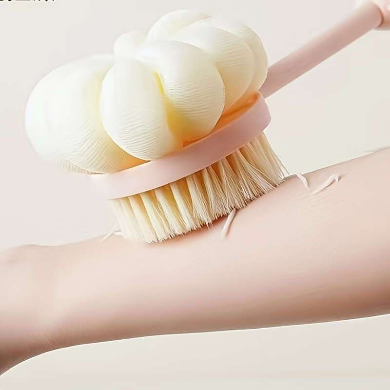 [2-in-1 Shower Brush] 2-in-1 Long Handle Shower Brush | Loofah & Bristle Back Scrubber for Light Beige Exfoliation & Gentle Massage | Suitable for Men & Women