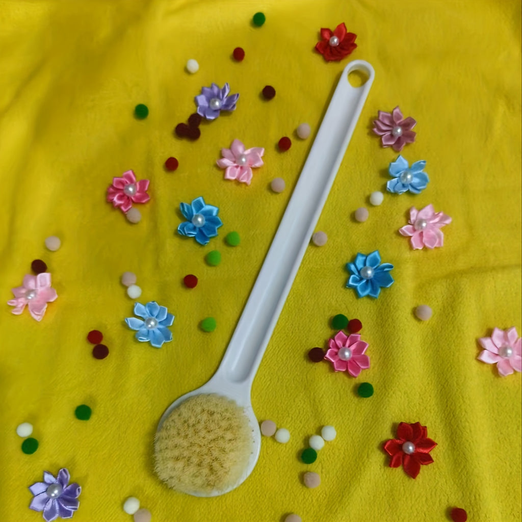 Long Handle Bath Massage & Exfoliating Shower Brush with Soft Bristles and Massager Heads - Heavy-Duty Non-Slip Grip, Ergonomic Design for Back, Legs, Arms, Sensitive Light Beige - Manual Bath Scrubber, No Batteries/Electricity, Ideal for Spa, Home,