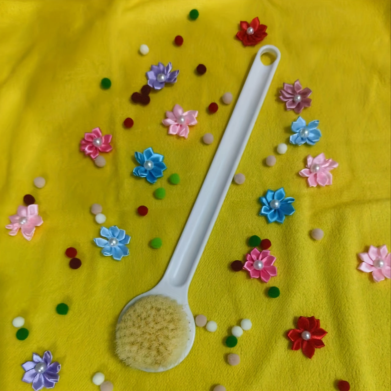 Long Handle Bath Massage & Exfoliating Shower Brush with Soft Bristles and Massager Heads - Heavy-Duty Non-Slip Grip, Ergonomic Design for Back, Legs, Arms, Sensitive Light Beige - Manual Bath Scrubber, No Batteries/Electricity, Ideal for Spa, Home,
