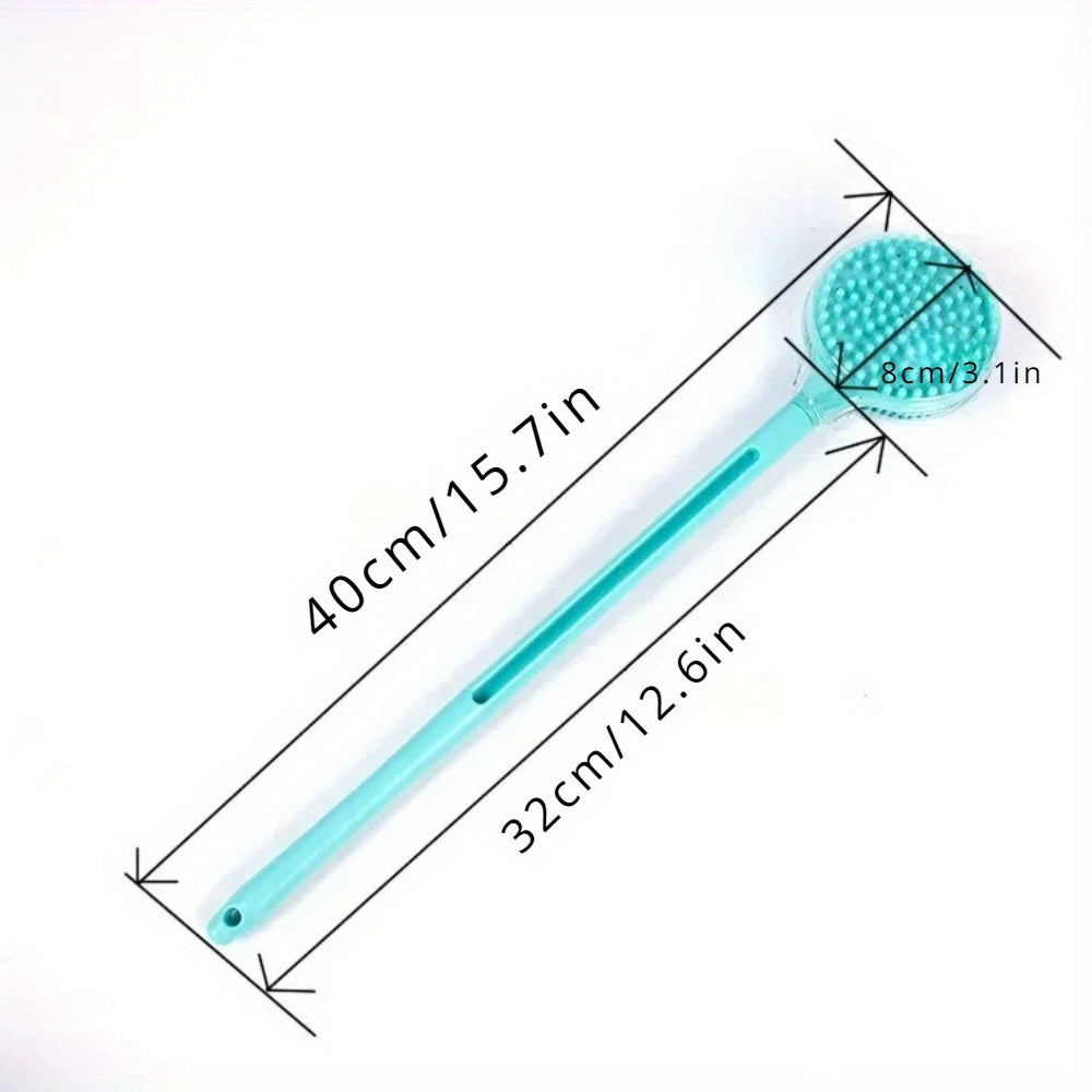 1pc Turquoise Silicone Long Handle Body Brush - Double-Sided Exfoliating & Massage Shower Tool with Soft Bristles, 15.7" Length for Easy Reach, Back Relief & Smooth Light Beige Care, Body Exfoliation Tool | Doublesided Brush | Gentle Light Beige Scrubber