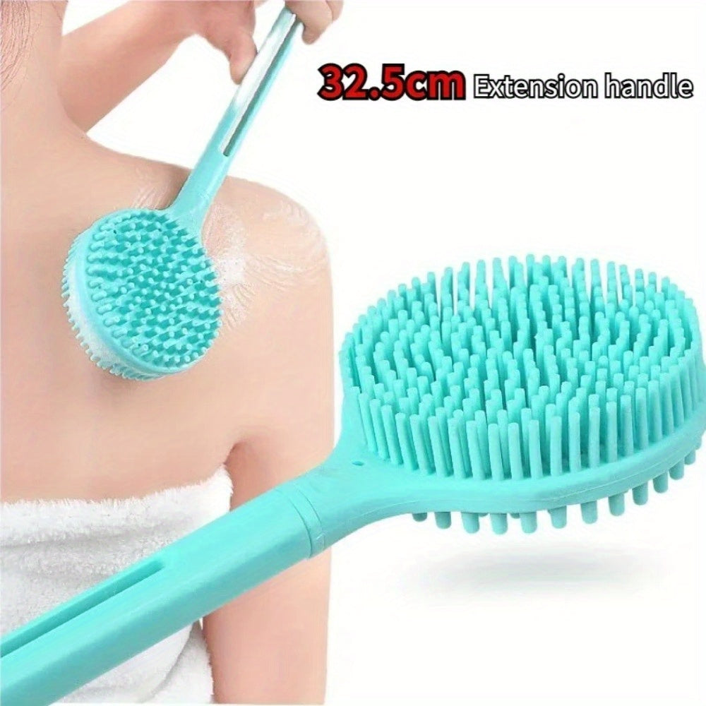 1pc Turquoise Silicone Long Handle Body Brush - Double-Sided Exfoliating & Massage Shower Tool with Soft Bristles, 15.7" Length for Easy Reach, Back Relief & Smooth Light Beige Care, Body Exfoliation Tool | Doublesided Brush | Gentle Light Beige Scrubber