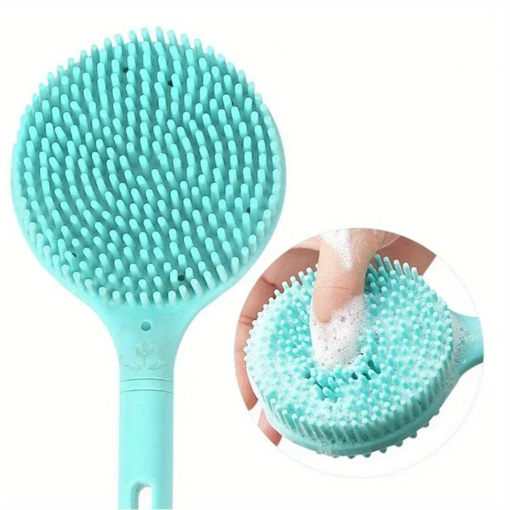 1pc Turquoise Silicone Long Handle Body Brush - Double-Sided Exfoliating & Massage Shower Tool with Soft Bristles, 15.7" Length for Easy Reach, Back Relief & Smooth Light Beige Care, Body Exfoliation Tool | Doublesided Brush | Gentle Light Beige Scrubber