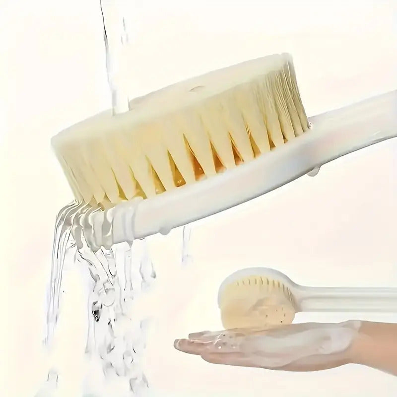 Long Handle Bath Massage & Exfoliating Shower Brush with Soft Bristles and Massager Heads - Heavy-Duty Non-Slip Grip, Ergonomic Design for Back, Legs, Arms, Sensitive Light Beige - Manual Bath Scrubber, No Batteries/Electricity, Ideal for Spa, Home,