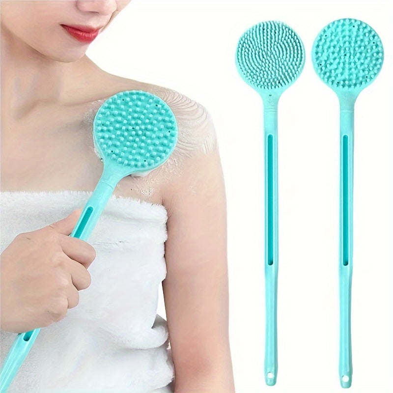 1pc Turquoise Silicone Long Handle Body Brush - Double-Sided Exfoliating & Massage Shower Tool with Soft Bristles, 15.7" Length for Easy Reach, Back Relief & Smooth Light Beige Care, Body Exfoliation Tool | Doublesided Brush | Gentle Light Beige Scrubber