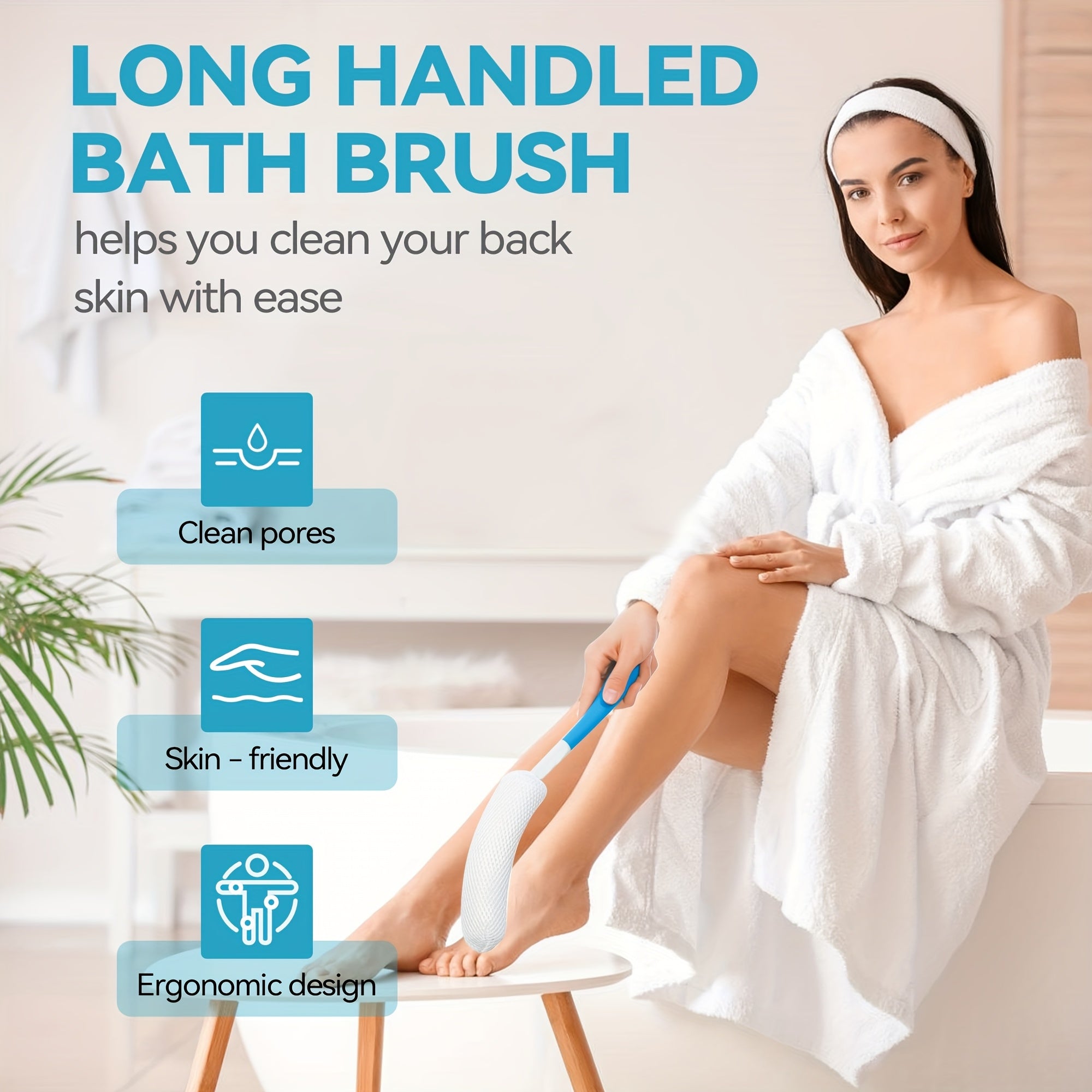 1pc Long Handle Back Scrubber Shower Brush - Non-Slip Curved Design, Soft Bristles for Easy Reach & Gentle Exfoliation, White with Blue Accent, Gentle Light Beige Scrubber | Curved Handle Brush | Comfortable Use