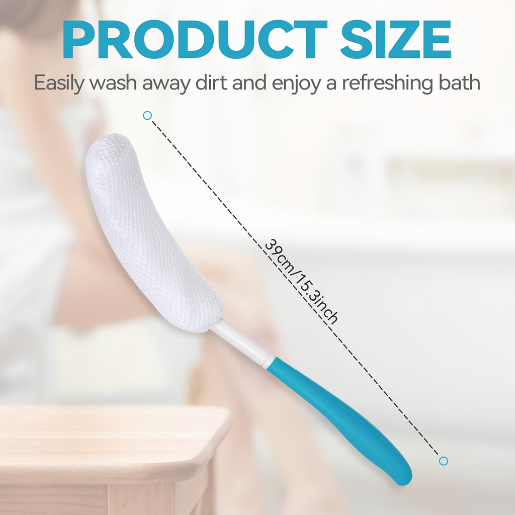 1pc Long Handle Back Scrubber Shower Brush - Non-Slip Curved Design, Soft Bristles for Easy Reach & Gentle Exfoliation, White with Blue Accent, Gentle Light Beige Scrubber | Curved Handle Brush | Comfortable Use