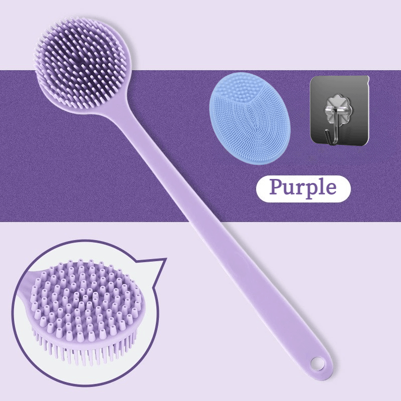 Long handle silicone bath brush set- soft bristle exfoliating massage back brush and face brush, suitable for all Light Beige colors, durable and easy to clean household bathing tools, convenient design, hygienic material, a must-have for home SPA. Free