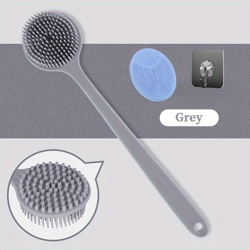 Long handle silicone bath brush set- soft bristle exfoliating massage back brush and face brush, suitable for all Light Beige colors, durable and easy to clean household bathing tools, convenient design, hygienic material, a must-have for home SPA. Free