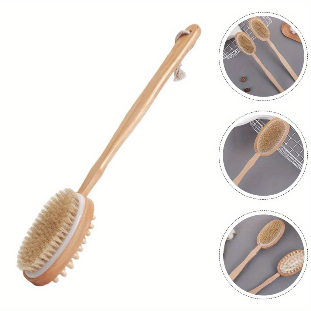 Dual-Purpose Long-Handled Wooden Back Brush for Scrubbing And Exfoliating During Showers, Also Serves As a Lotion Applicator, Ideal for Bathing.