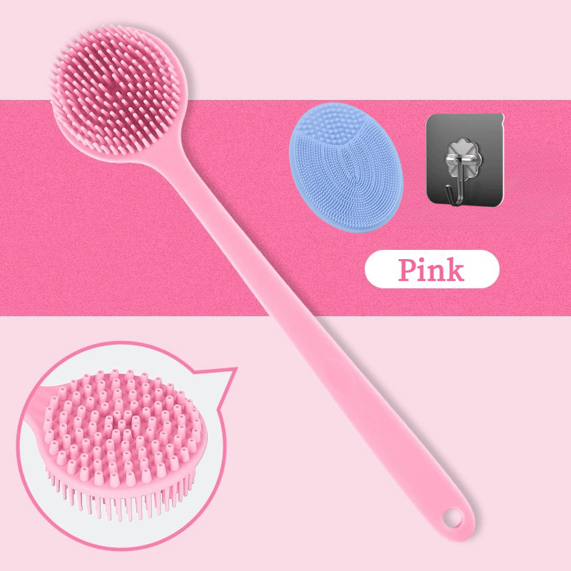 Long handle silicone bath brush set- soft bristle exfoliating massage back brush and face brush, suitable for all Light Beige colors, durable and easy to clean household bathing tools, convenient design, hygienic material, a must-have for home SPA. Free