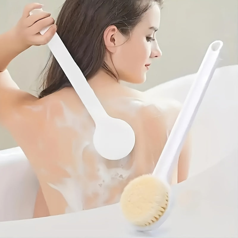 Long Handle Bath Massage & Exfoliating Shower Brush with Soft Bristles and Massager Heads - Heavy-Duty Non-Slip Grip, Ergonomic Design for Back, Legs, Arms, Sensitive Light Beige - Manual Bath Scrubber, No Batteries/Electricity, Ideal for Spa, Home,