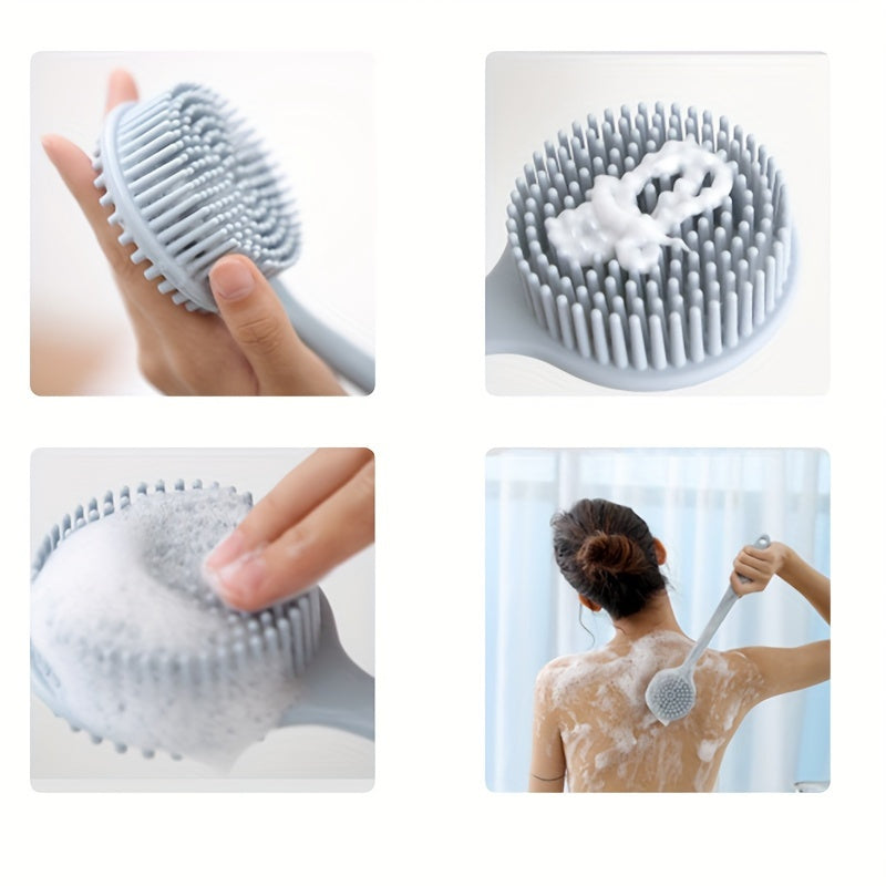 Long handle silicone bath brush set- soft bristle exfoliating massage back brush and face brush, suitable for all Light Beige colors, durable and easy to clean household bathing tools, convenient design, hygienic material, a must-have for home SPA. Free
