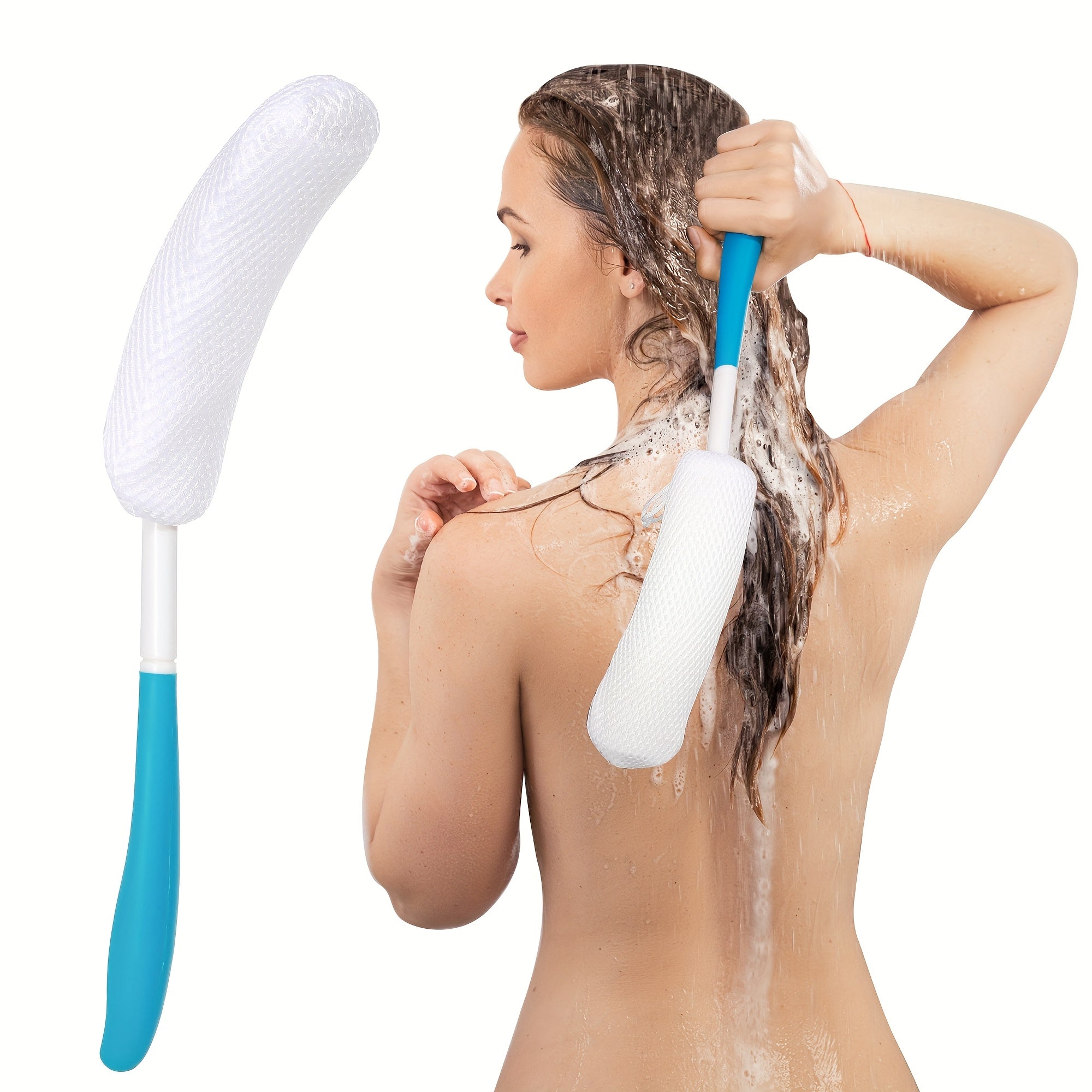 1pc Long Handle Back Scrubber Shower Brush - Non-Slip Curved Design, Soft Bristles for Easy Reach & Gentle Exfoliation, White with Blue Accent, Gentle Light Beige Scrubber | Curved Handle Brush | Comfortable Use