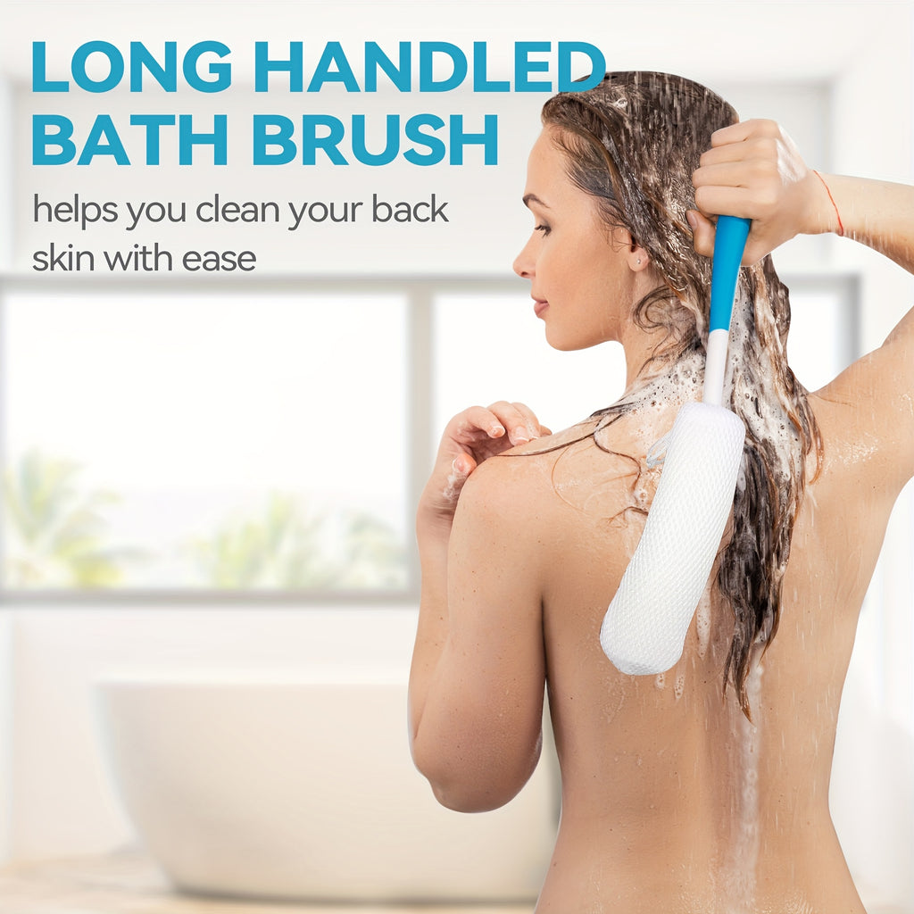 1pc Long Handle Back Scrubber Shower Brush - Non-Slip Curved Design, Soft Bristles for Easy Reach & Gentle Exfoliation, White with Blue Accent, Gentle Light Beige Scrubber | Curved Handle Brush | Comfortable Use