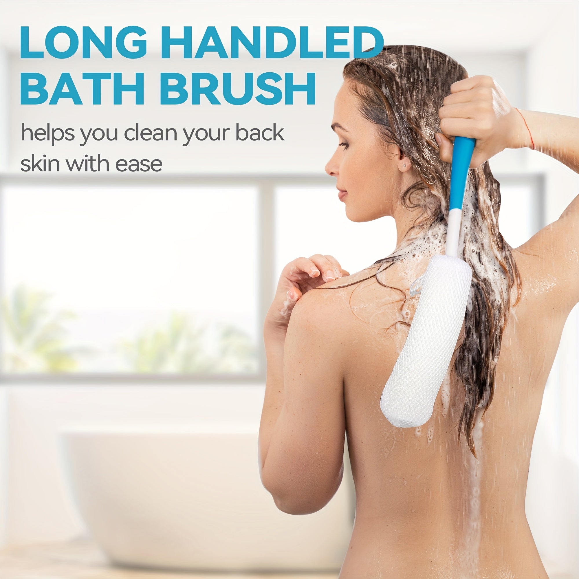 1pc Long Handle Back Scrubber Shower Brush - Non-Slip Curved Design, Soft Bristles for Easy Reach & Gentle Exfoliation, White with Blue Accent, Gentle Light Beige Scrubber | Curved Handle Brush | Comfortable Use