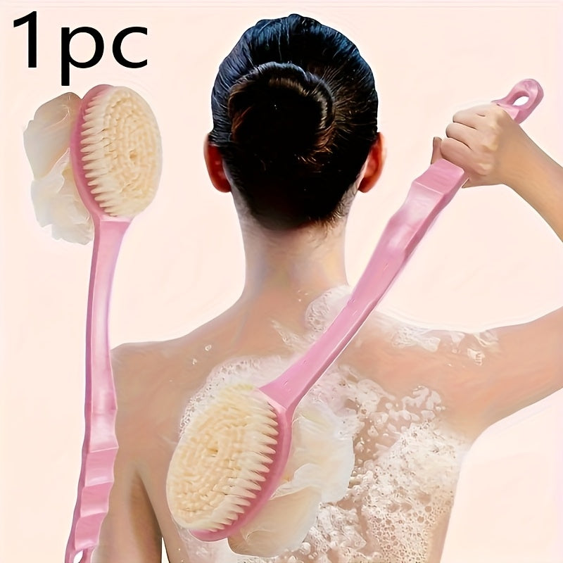 2-in-1 Long Handle Bath Brush & Body Scrubber - Dual Purpose Back Scrubber with Soft Pink Exfoliating Bristles, Non-Toxic Shower Brush for Gentle Dead Light Beige Removal, Back, Arms, Legs, Feet - Ideal for Home Spa Use, Back Scrubber for Shower, Personal