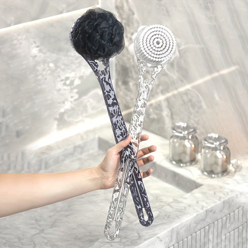 Double-Sided Shower Brush with Back Attachment, Premium Medium-Soft Bristles, Durable -Slip Long Handle Bath Scrubber for Perfect Cleaning