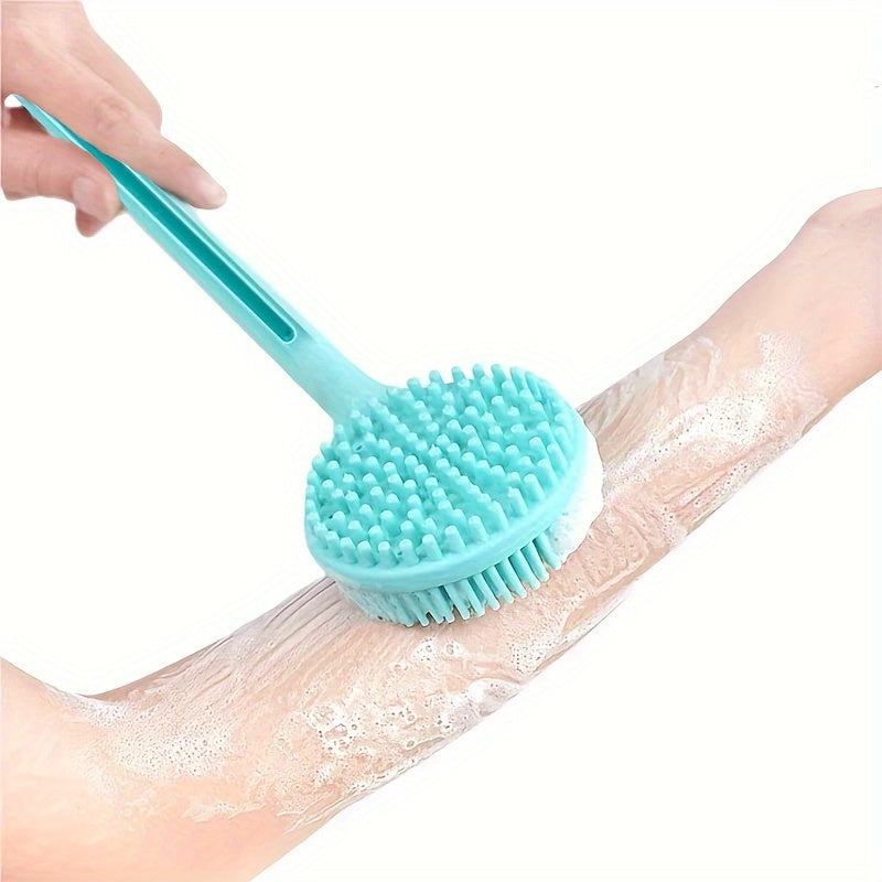 1pc Turquoise Silicone Long Handle Body Brush - Double-Sided Exfoliating & Massage Shower Tool with Soft Bristles, 15.7" Length for Easy Reach, Back Relief & Smooth Light Beige Care, Body Exfoliation Tool | Doublesided Brush | Gentle Light Beige Scrubber