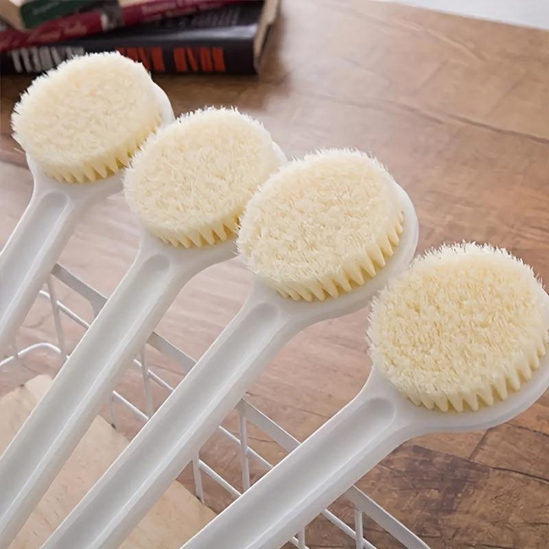 Long Handle Bath Massage & Exfoliating Shower Brush with Soft Bristles and Massager Heads - Heavy-Duty Non-Slip Grip, Ergonomic Design for Back, Legs, Arms, Sensitive Light Beige - Manual Bath Scrubber, No Batteries/Electricity, Ideal for Spa, Home,