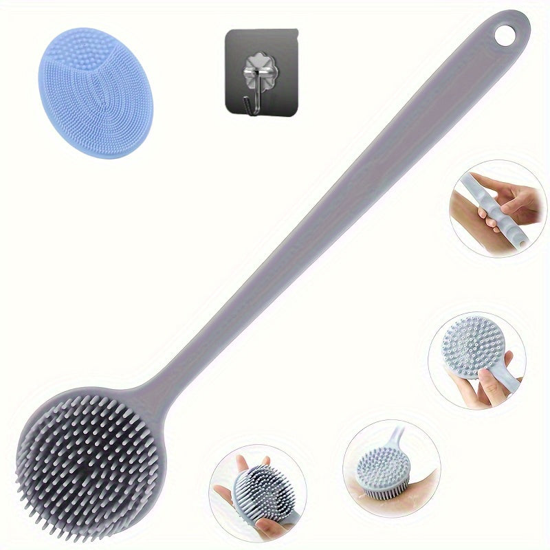 Long handle silicone bath brush set- soft bristle exfoliating massage back brush and face brush, suitable for all Light Beige colors, durable and easy to clean household bathing tools, convenient design, hygienic material, a must-have for home SPA. Free