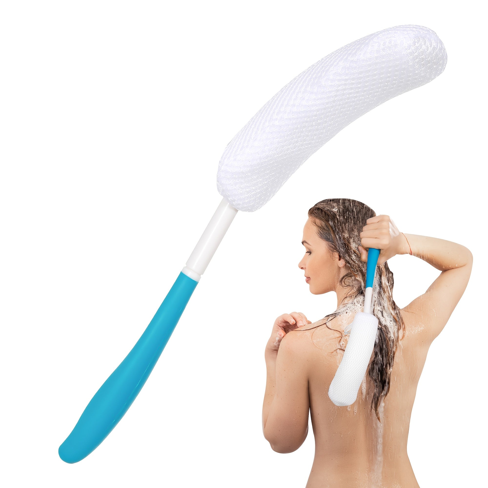 1pc Long Handle Back Scrubber Shower Brush - Non-Slip Curved Design, Soft Bristles for Easy Reach & Gentle Exfoliation, White with Blue Accent, Gentle Light Beige Scrubber | Curved Handle Brush | Comfortable Use