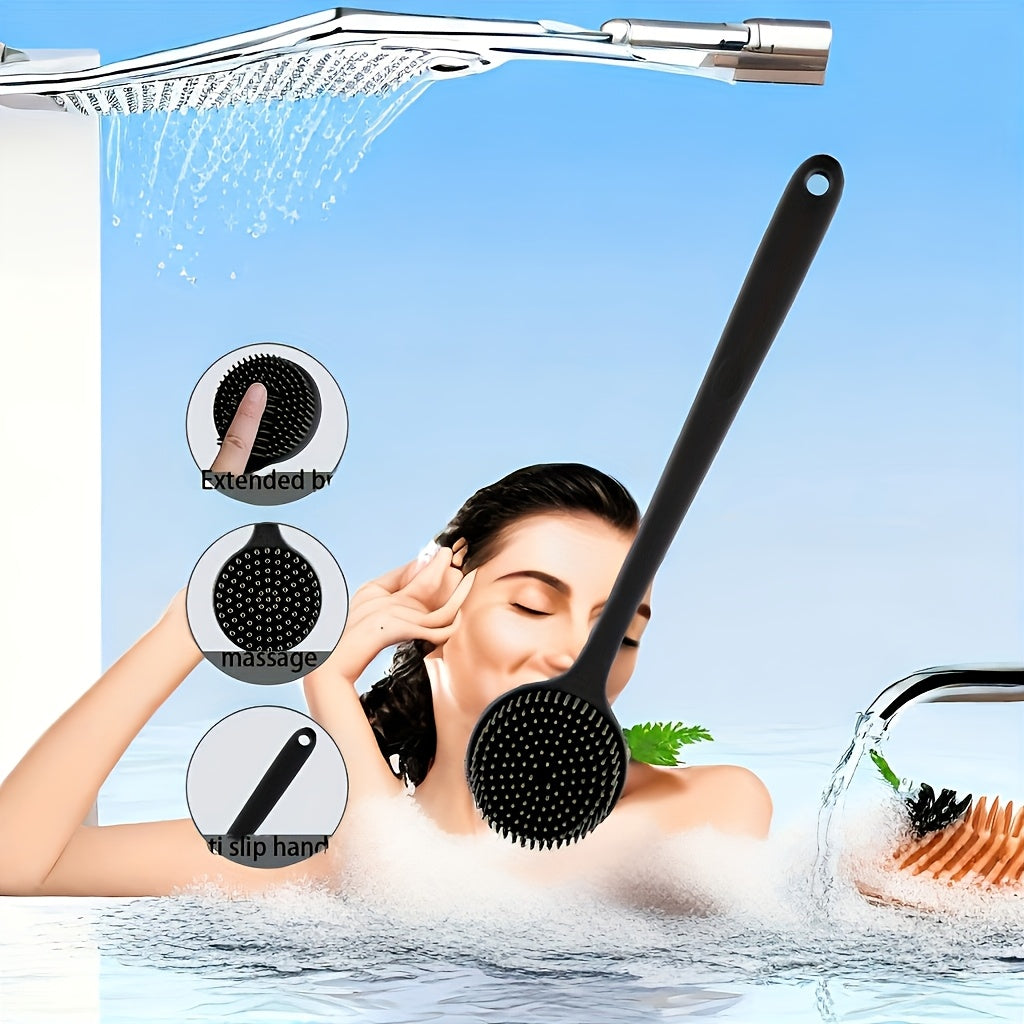 Long Handle Bath Brush with Soft Bristles & Ergonomic Grip - Heavy-Duty Exfoliating Massage Back Scrubber, Durable & Easy-Clean Hygienic Shower Brush for Adults, Ideal for Home Spa, Shower Bathtub, Sensitive Light Beige Safe, Black (All Light Beige Types)
