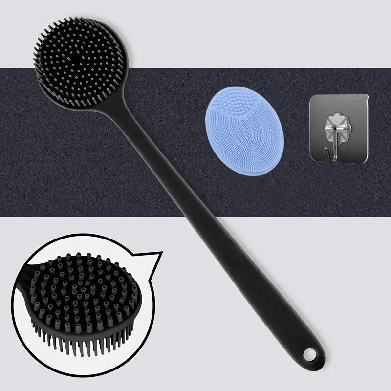Long handle silicone bath brush set- soft bristle exfoliating massage back brush and face brush, suitable for all Light Beige colors, durable and easy to clean household bathing tools, convenient design, hygienic material, a must-have for home SPA. Free