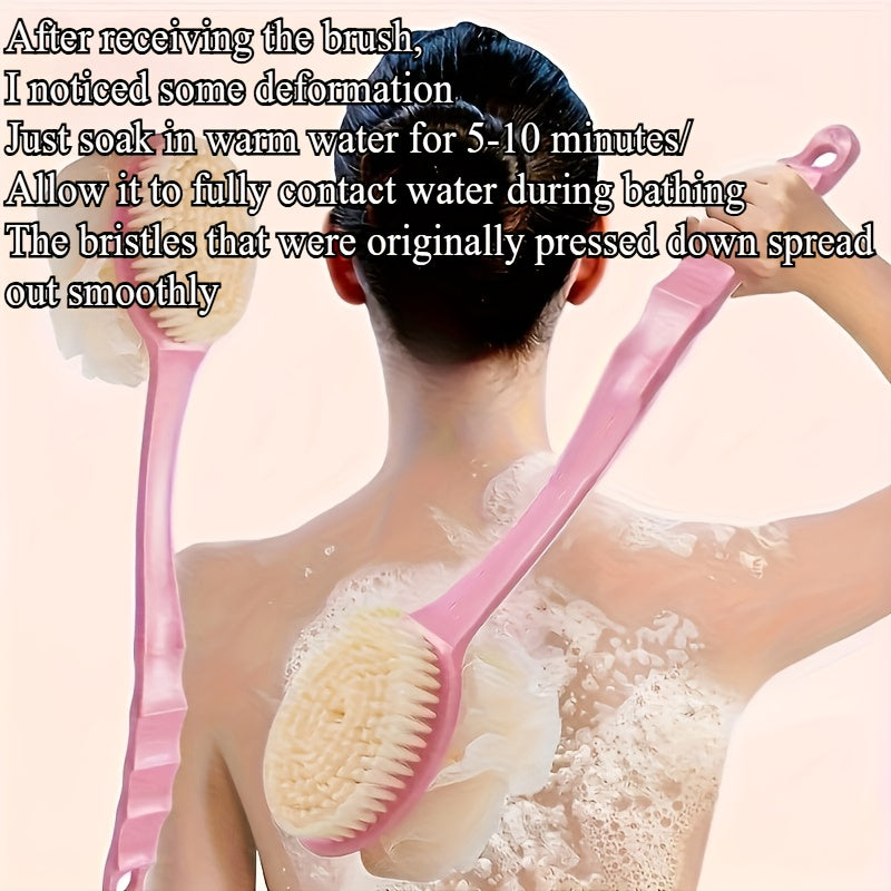 2-in-1 Long Handle Bath Brush & Body Scrubber - Dual Purpose Back Scrubber with Soft Pink Exfoliating Bristles, Non-Toxic Shower Brush for Gentle Dead Light Beige Removal, Back, Arms, Legs, Feet - Ideal for Home Spa Use, Back Scrubber for Shower, Personal