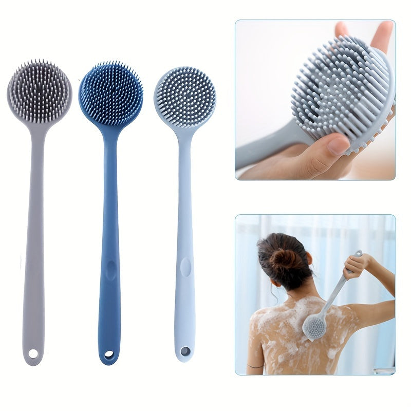 Long handle silicone bath brush set- soft bristle exfoliating massage back brush and face brush, suitable for all Light Beige colors, durable and easy to clean household bathing tools, convenient design, hygienic material, a must-have for home SPA. Free
