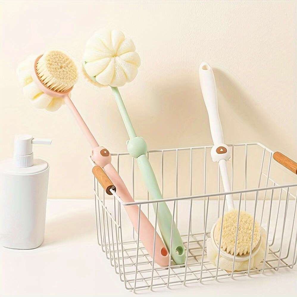 [2-in-1 Shower Brush] 2-in-1 Long Handle Shower Brush | Loofah & Bristle Back Scrubber for Light Beige Exfoliation & Gentle Massage | Suitable for Men & Women