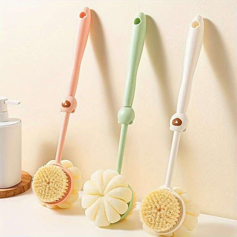 [2-in-1 Shower Brush] 2-in-1 Long Handle Shower Brush | Loofah & Bristle Back Scrubber for Light Beige Exfoliation & Gentle Massage | Suitable for Men & Women
