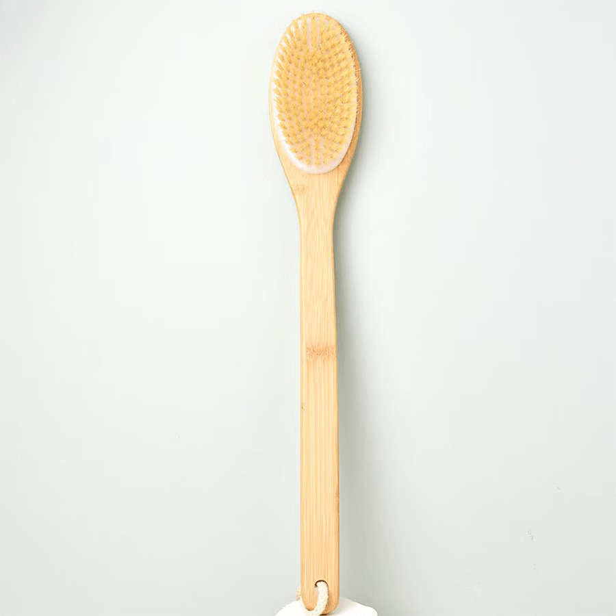 1pc Bamboo Long Handle Bath Brush, The Handle Is Curved, Easy to Reach The Back, Waist and Other Hard-to-clean Parts, Wet or Dry, Remove Body Dead Light Beige and Clean Body Dirt. No Power Supply Required, Back Scrub Brush | Bath Body Brush